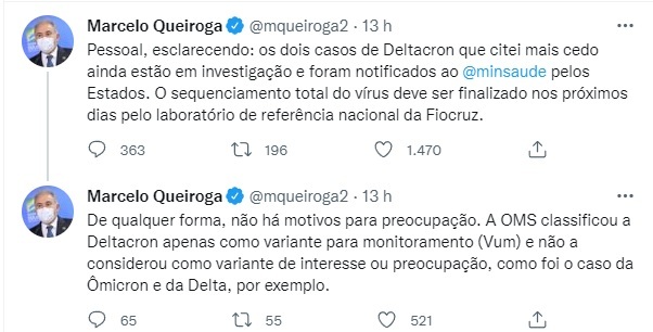 Queiroga diz que casos da deltacron estão sendo investigados