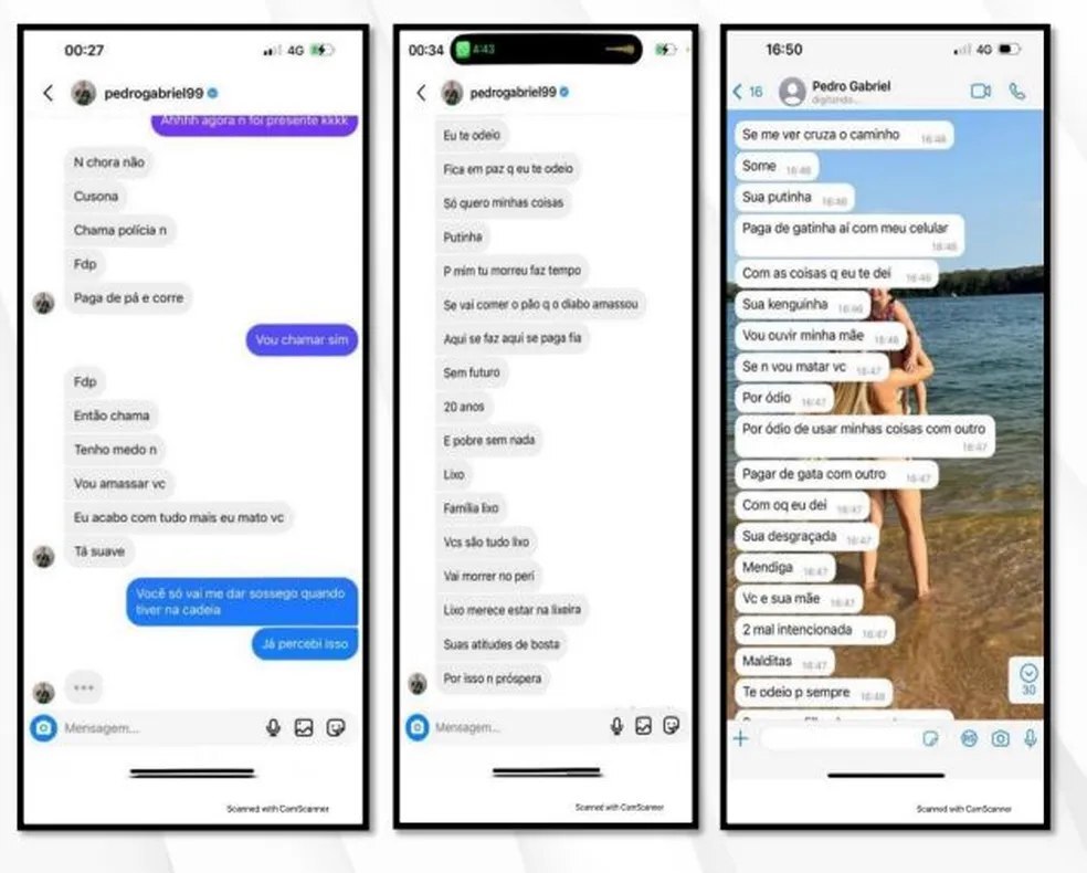 Prints de ameaças de Pedrinho à sua ex-namorada. foto: Reprodução