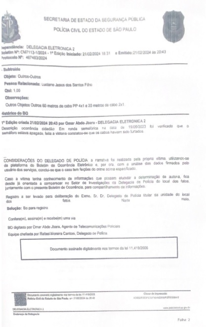 Um dos boletins de ocorrência em relação aos roubos de fios e cabos em Taboão da Serra, na Grande São Paulo