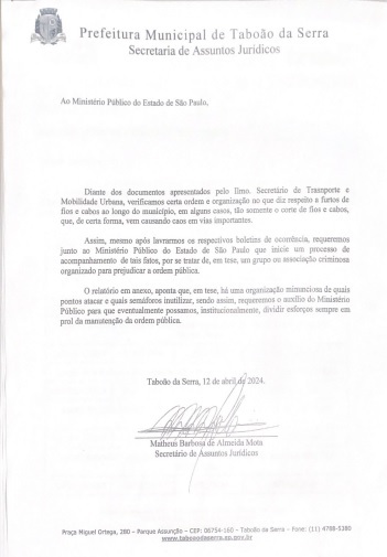 Prefeitura de Taboão da Serra solicitou apuração do MP no caso dos furtos