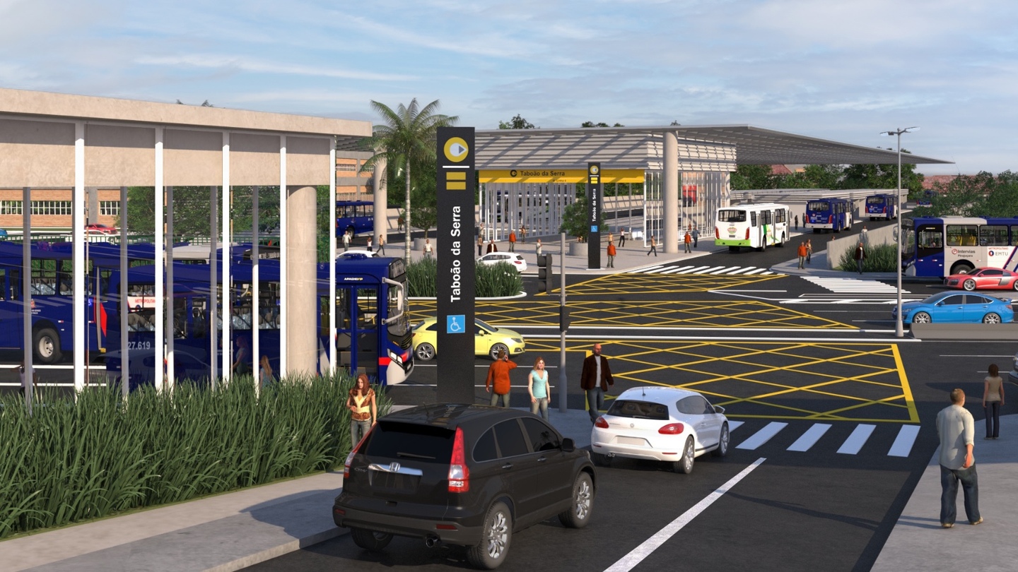 O terreno de 30 mil m² irá abrigar ainda um terminal de ônibus para receber passageiros de Embu das Artes, Itapecerica da Serra, Embu-Guaçu, Juquitiba e São Lourenço da Serra, além um bicicletário, áreas comerciais, salas técnicas e operacionais. Fotos: Divulgação/PMTS