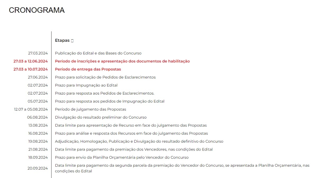 Cronograma para o Concurso Nacional de Arquitetura
