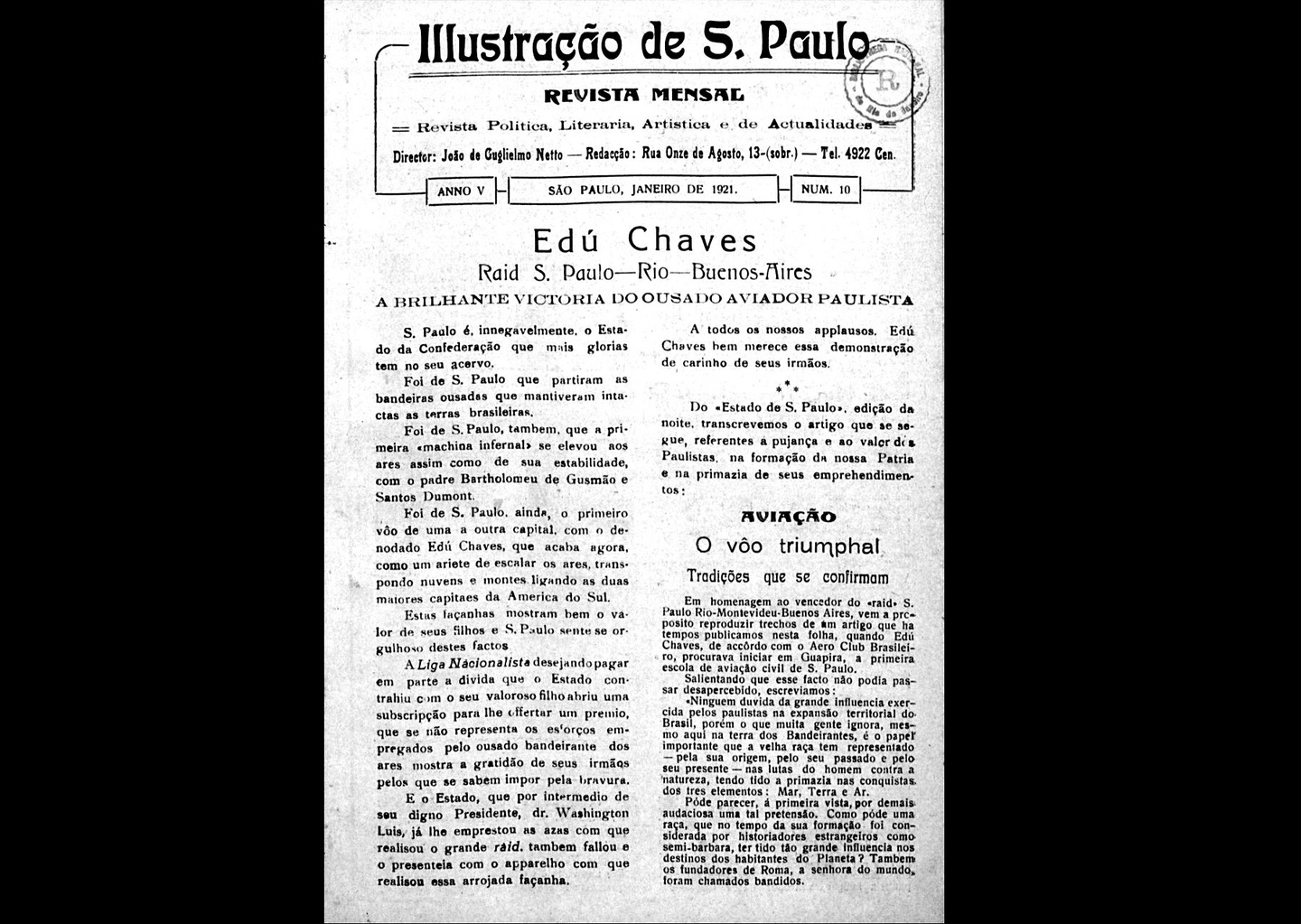 Matéria sobre o "raid" feito por Edu Chaves de São Paulo-Rio_Buenos Aires. Reprodução/Revista Illustração São Paulo de 1921