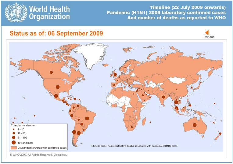 Mapa de distribuição de casos de gripe H1N1, publicado em boletim da OMS, na pandemia de 2009.