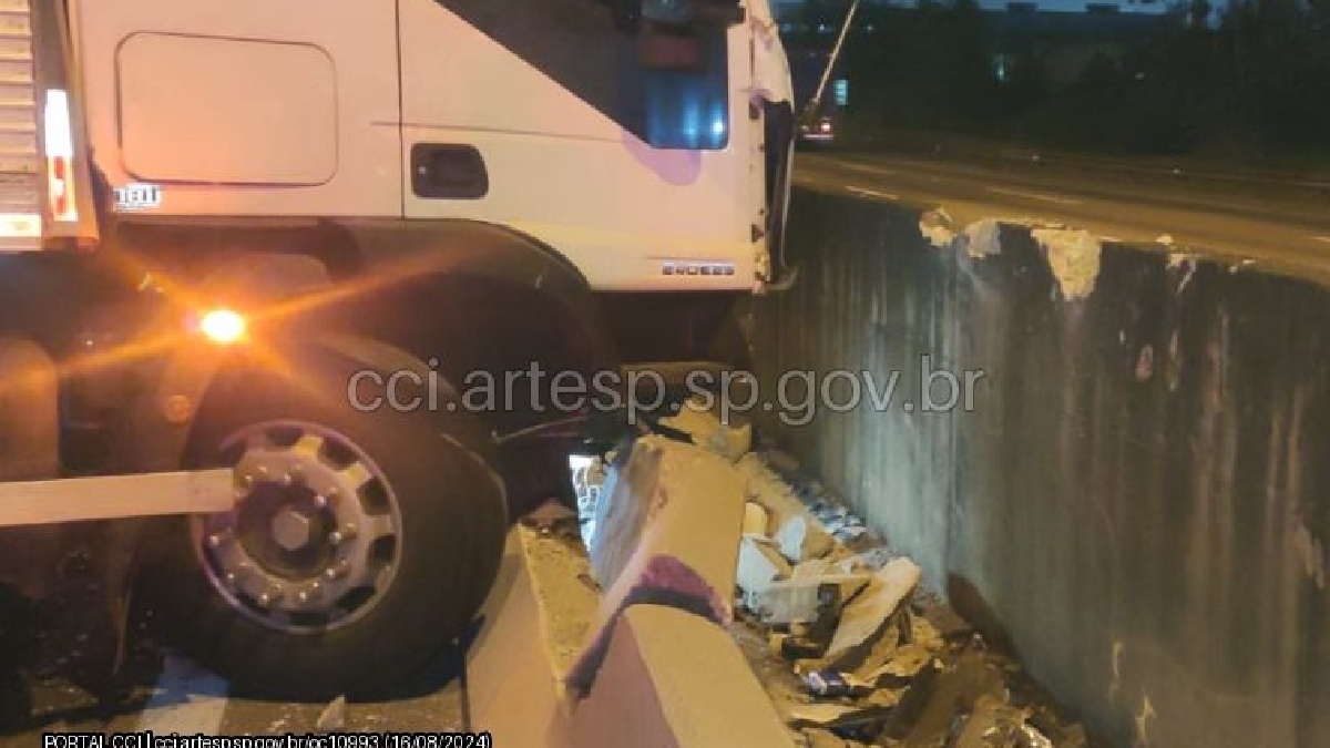 Caminhão ficou atravessado na pista 01, 02 e 03, e causou bloqueio total da rodovia Reprodução/Artesp