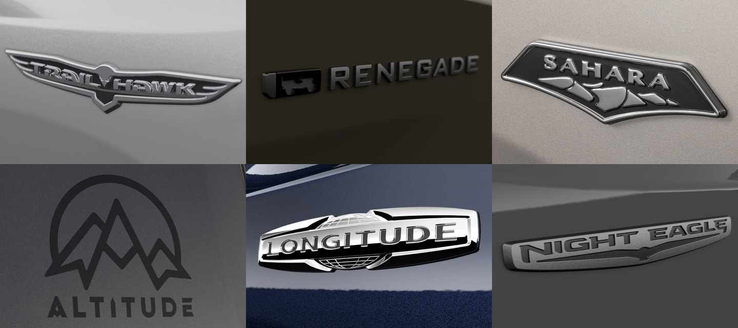 logos das versões Trailhawk, Willys, Sahara, Altitude, Longitude e Night Eagle/Divulgação