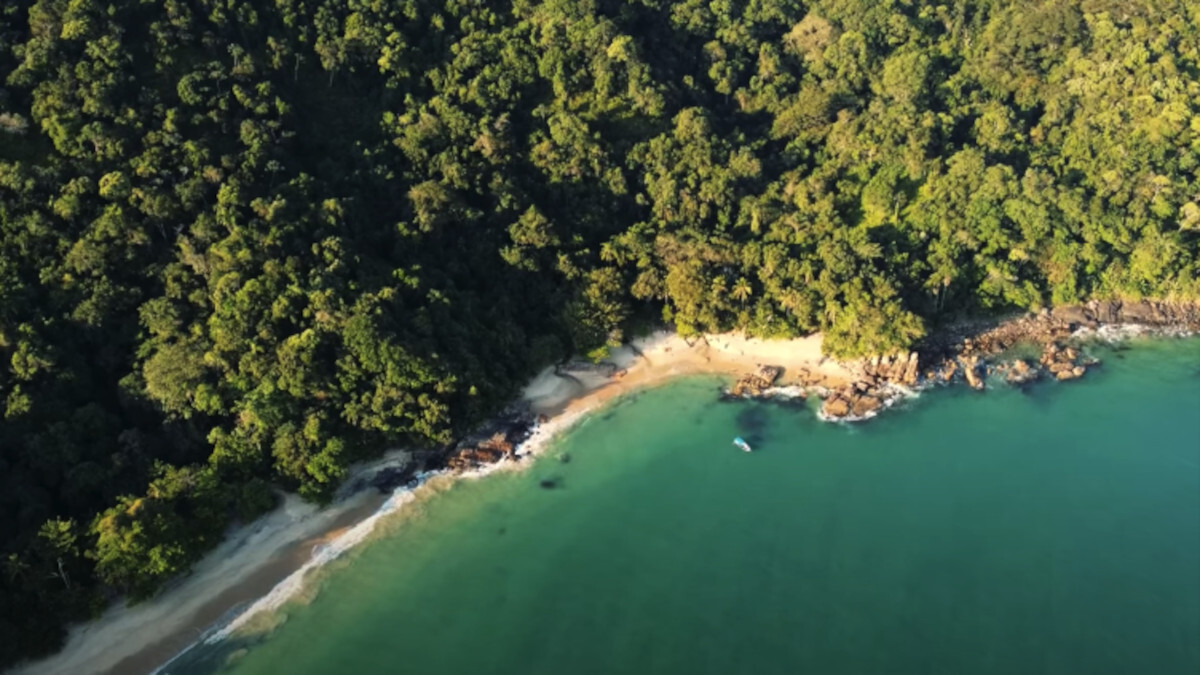 As praias do Cedro do Sul e Deserto, em Ubatuba, são duas pequenas faixas de areia que formam um verdadeiro paraíso escondido em Ubatuba. O local é ideal para mergulho, com água super transparente. Foto: Reprodução/Youtube/@o mundo de cima