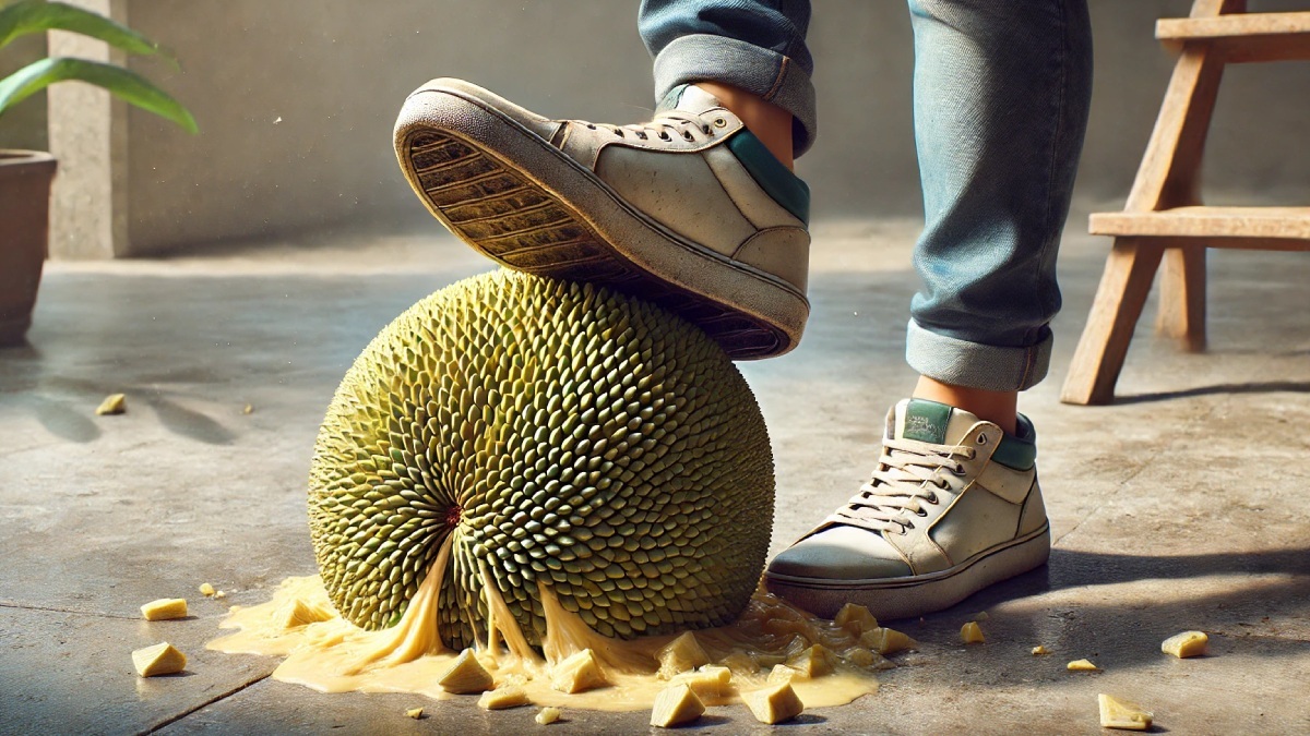 Enfiar o pé na jaca é comer ou beber demais, frase que um estrangeiro jamais entenderia sem explicação prévia. Foto: Imagem gerada por IA com ChatGPT