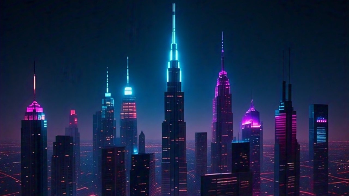 Imagine uma cidade futurista com arranha-céus brilhantes /Imagem criada por IA