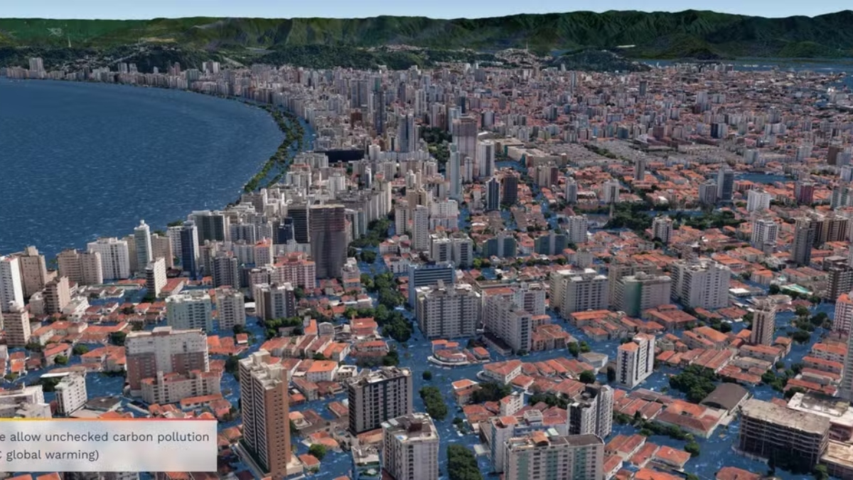 Visão da Ponta da Praia, em Santos, considerando o avanço do mar com o aumento da temperatura em 4ºC - (Reprodução/Climate Central)