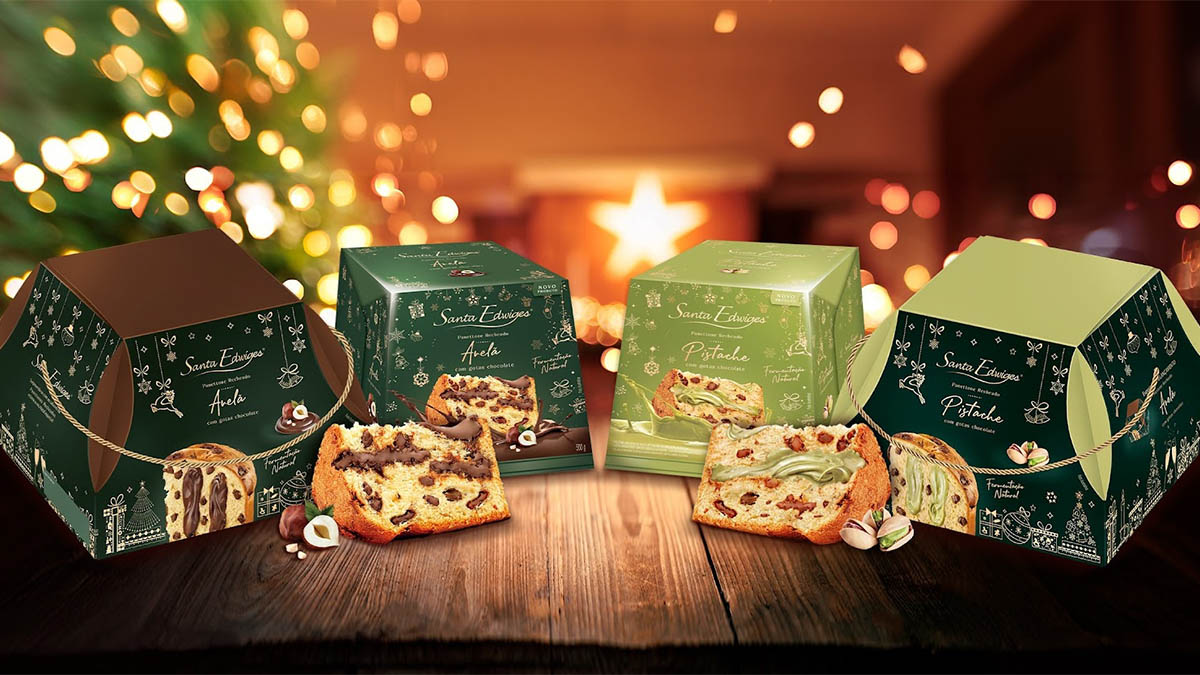 Panettones de avelã e pistache Santa Edwiges, com fermentação natural e recheio cremoso. Disponíveis em opções de 500g e 800g, a partir de R$ 54, nos supermercados - Foto: Divulgação
