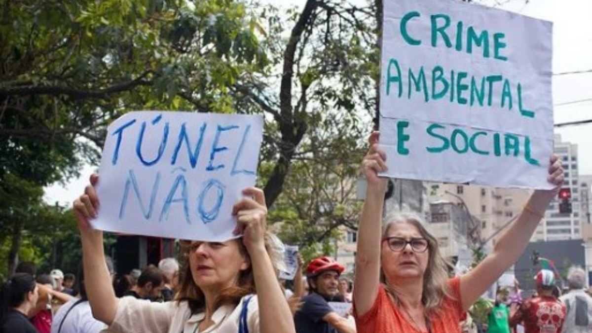 "Túnel não" e "crime ambiental e social" /Foto: Reprodução/Redes sociais