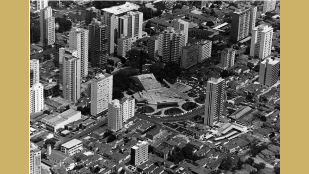 Vista aérea do Centro de Convivência Cultural de Campinas, entre 1976 e 1985. Foto: Waldemar Padovani/CMU
