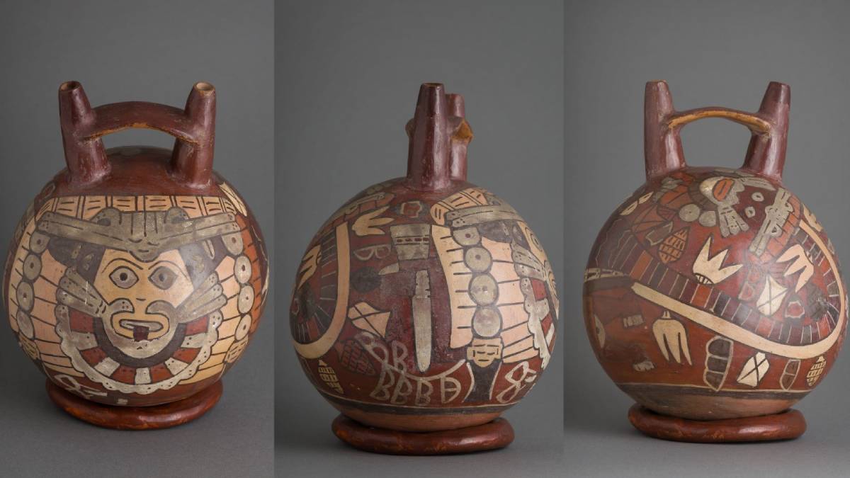 Vaso de cerâmica da cultura Nasca (100 a.C 650 d.C) com representação de ser mítico antropomorfo, da 'Coleção Ema Klabin'. Foto: Massapê Audiovisual/Sergio Zacch