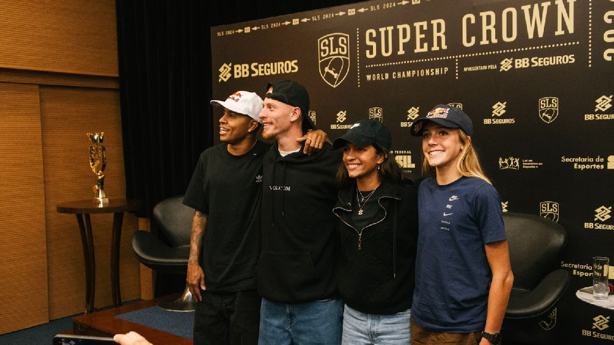 Atuais campeões da Street League Skateboarding, Giovanni Vianna e Rayssa Leal, o brasileiro Felipe Gustavo e a australiana Chloe Covell conversaram com a imprensa nesta quinta-feira. Foto: Divulgação/Dan Pellicciari