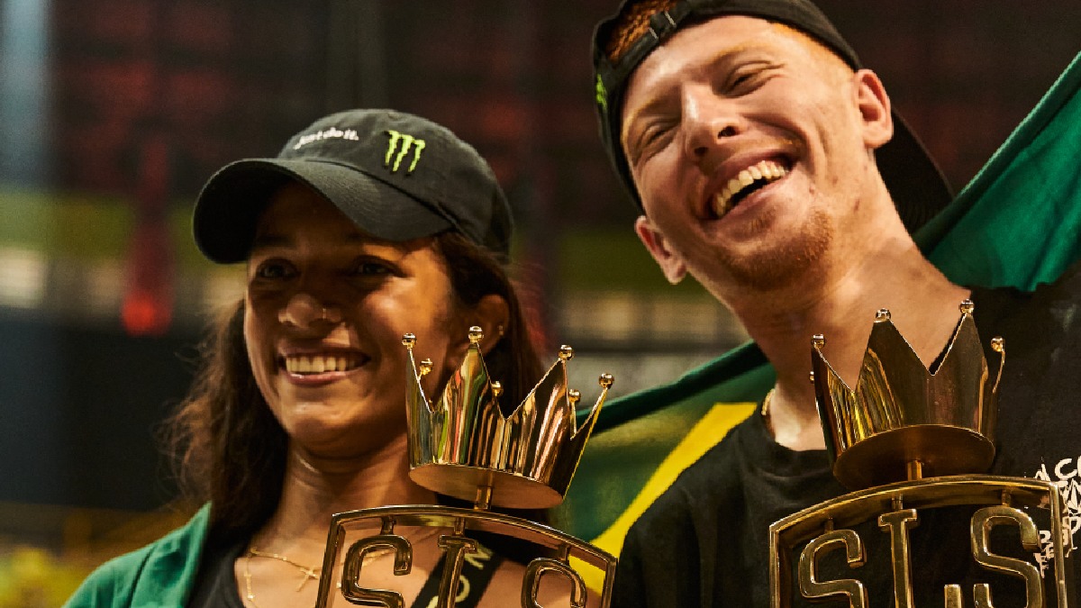 Rayssa Leal e Giovanni Vianna fizeram dobradinha brasileira no SLS Super Crown 2023. Divulgação/Daluz Photo