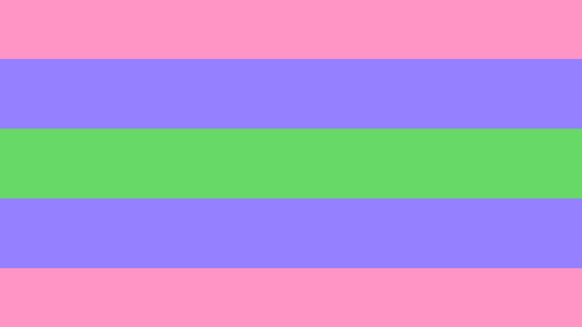 A bandeira trigênero mais conhecida tem cinco faixas: rosa, azul e verde, representando o feminino, masculino e gêneros não-binários. Foto: Wikimedia Commons