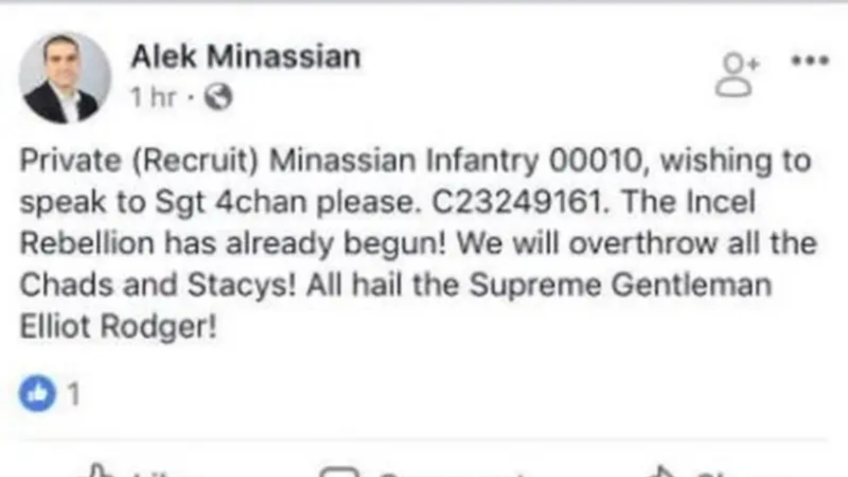 Em post no Facebook, Minassian diz que vai "derrubar todos os Chads e Stacys". Foto: Reprodução/Facebook