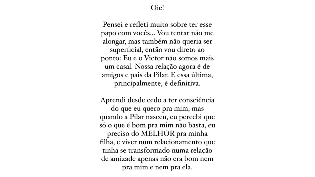 O anúncio da separação aconteceu na tarde desta quarta-feira (29/1). Foto: Reprodução/Instagram