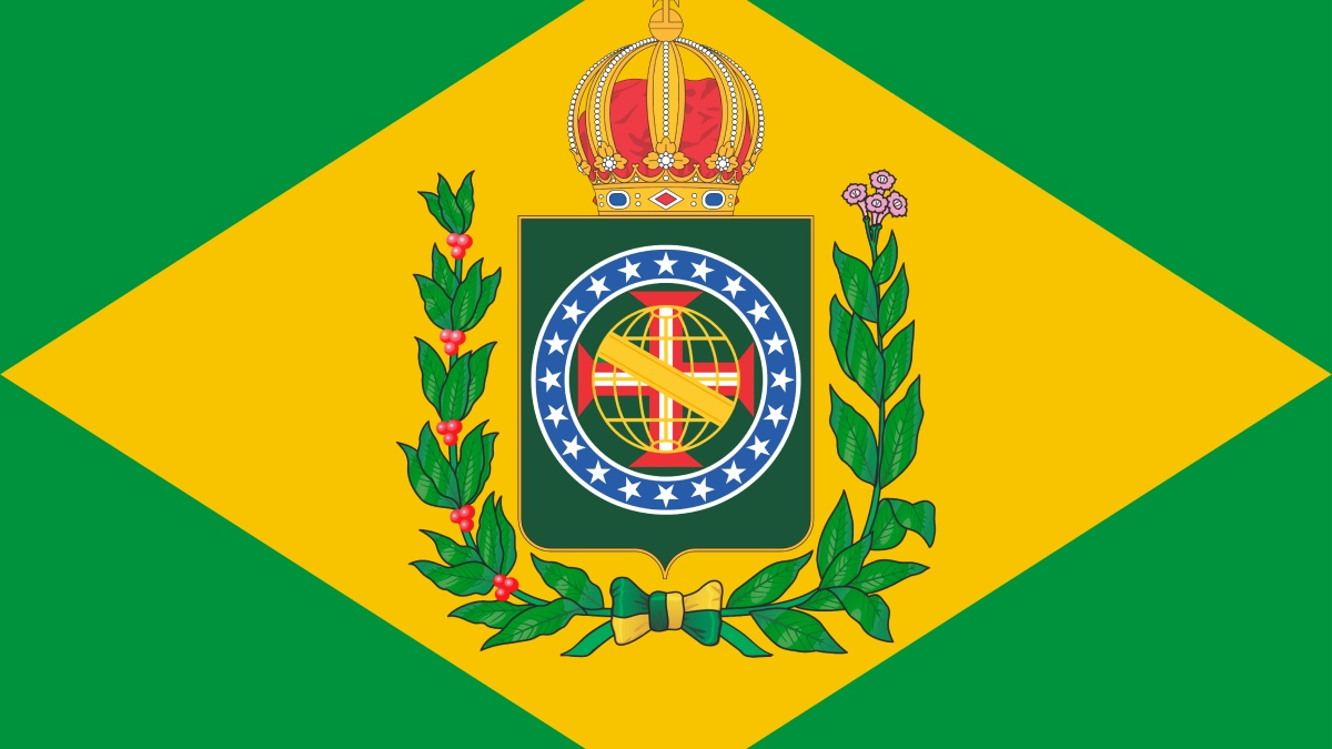 A bandeira do Brasil foi criada por Raimundo Teixeira Mendes e Miguel Lemos, com desenho de Décio Vilares, inspirada na Bandeira do Império de 1822, que exibia um brasão com ramos de café, tabaco e uma coroa dourada. Foto: Wikimedia Commons