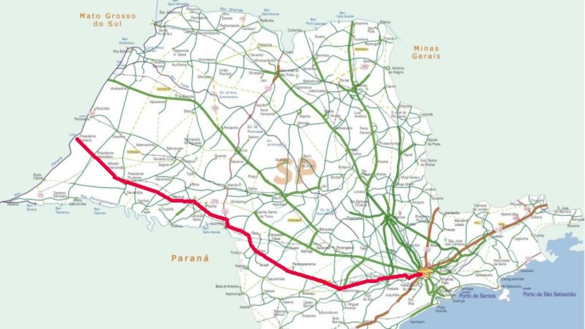 A Rodovia Raposo Tavares (SP-270) é a maior do estado, com 654 km de extensão, ligando São Paulo a Presidente Epitácio, na divisa com o Mato Grosso do Sul. Foto: Wikimedia Commons