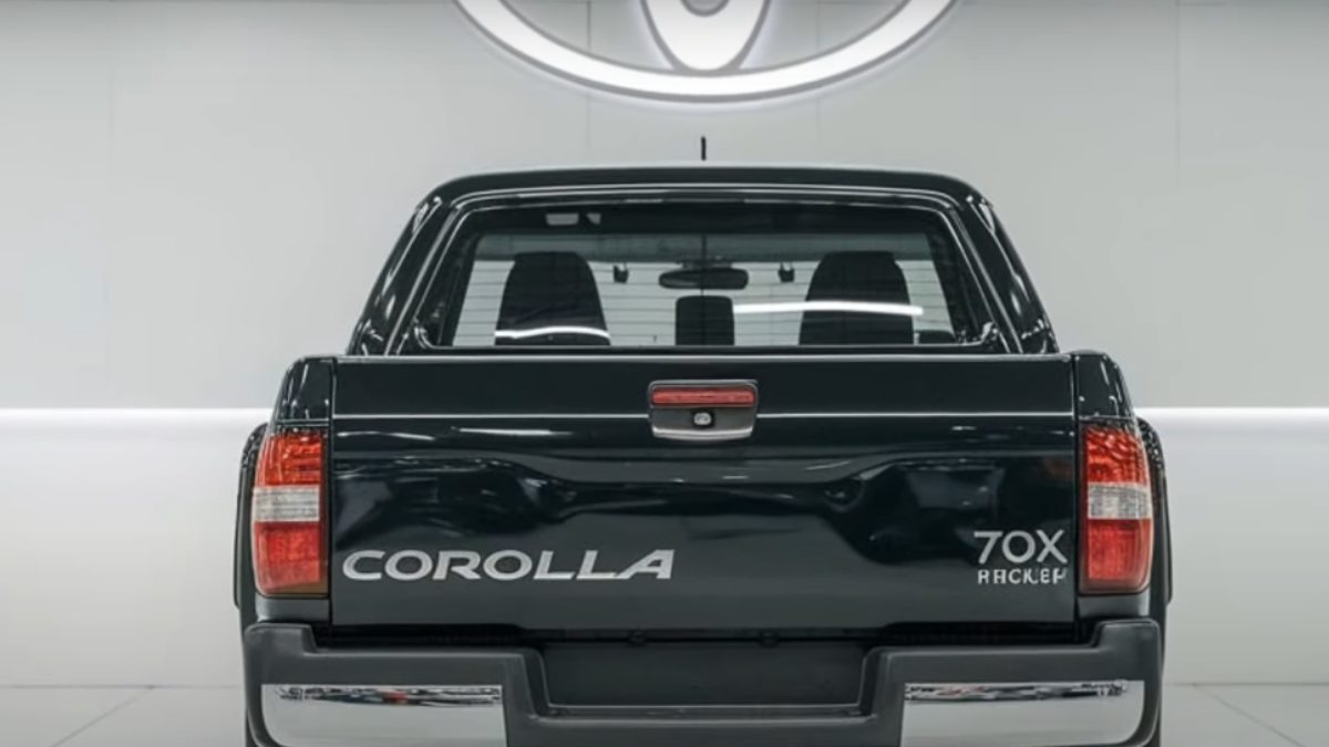 A picape Corolla terá cabine dupla e entre-eixos alongado, garantindo mais espaço e conforto. O modelo promete ser uma opção versátil para o dia a dia. (Foto de projeção)