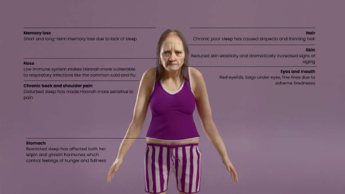 Hannah foi criada para mostrar efeitos da falta de sono no corpo. Imagem: Divulgação Bensons for Beds
