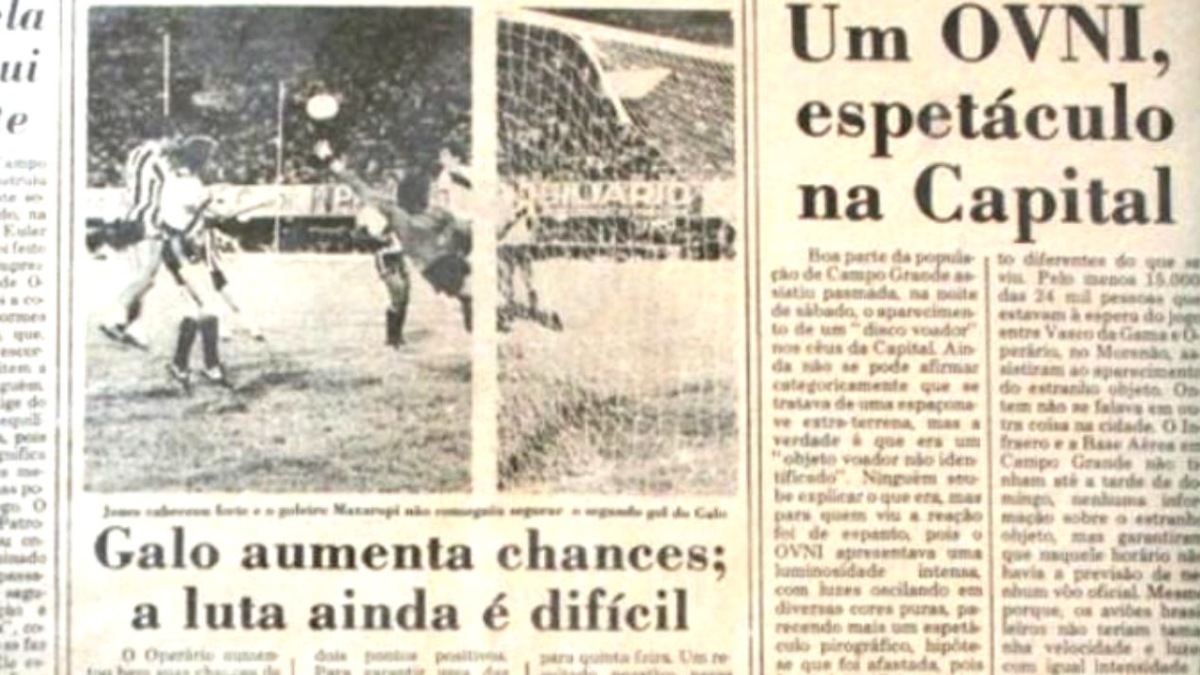 No final do jogo, este momento inesperado ganhou matéria no jornal Correio do Estado com o título "Um OVNI, espetáculo na Capital". Foto: Divulgação/Correio do Estado