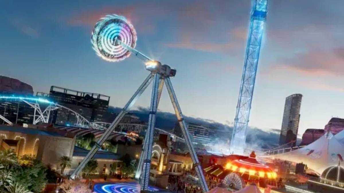 Localizada no parque Six Flags Qiddiya, o brinquedo fica a aproximadamente 45 quilômetros a oeste de Riade, capital da Arábia Saudita. Falcon's Flight Divulgação