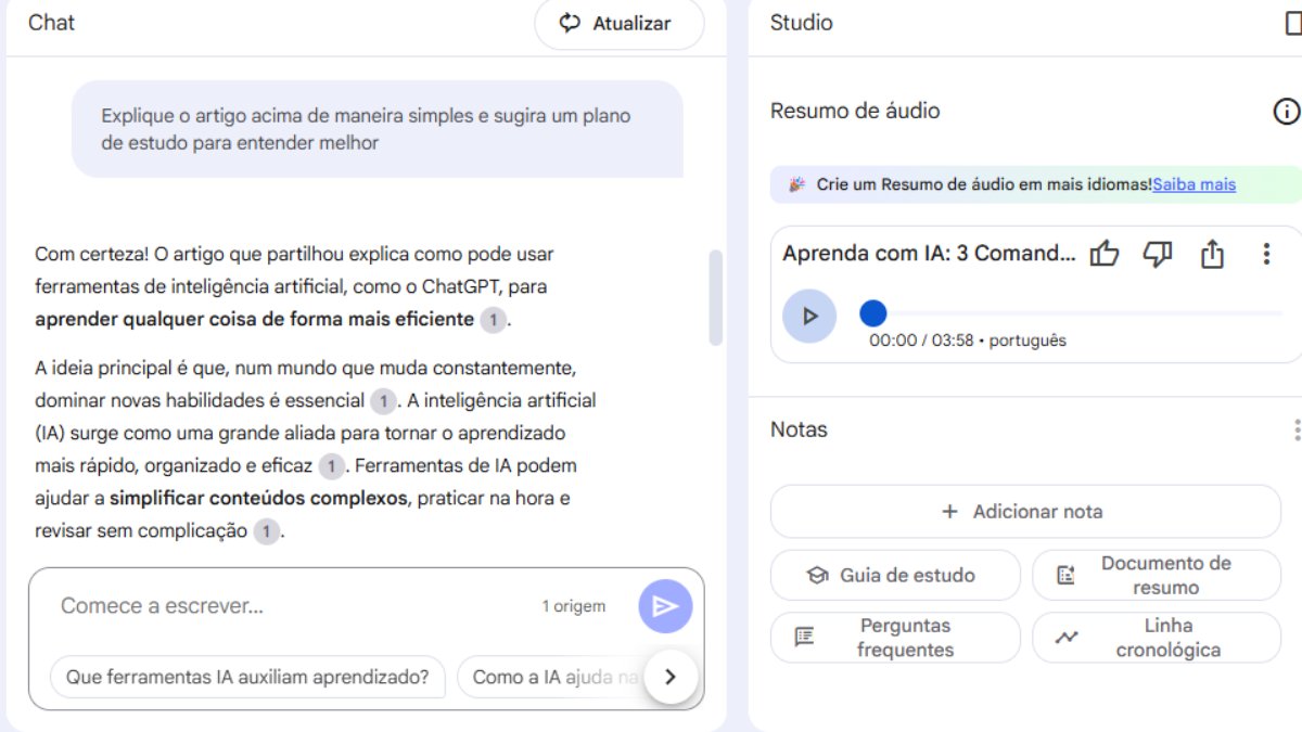 Em seguida, o Notebook LM vai gerar um podcast personalizado para que você possa utilizar. Foto: Reprodução/Arquivo Pessoal