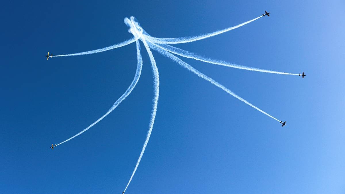 Demonstrações contam com sete pilotos e um integrante no solo, para locução e explicação das manobras. /Foto: Divulgação/Esquadrilha da Fumaça