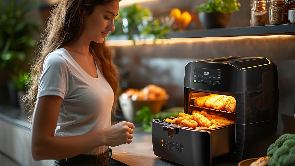 Tudo isso com maior capacidade interna, o que facilita o preparo de porções maiores, algo que a airfryer nem sempre atende bem. (Imagem ilustrativa, gerada por IA)