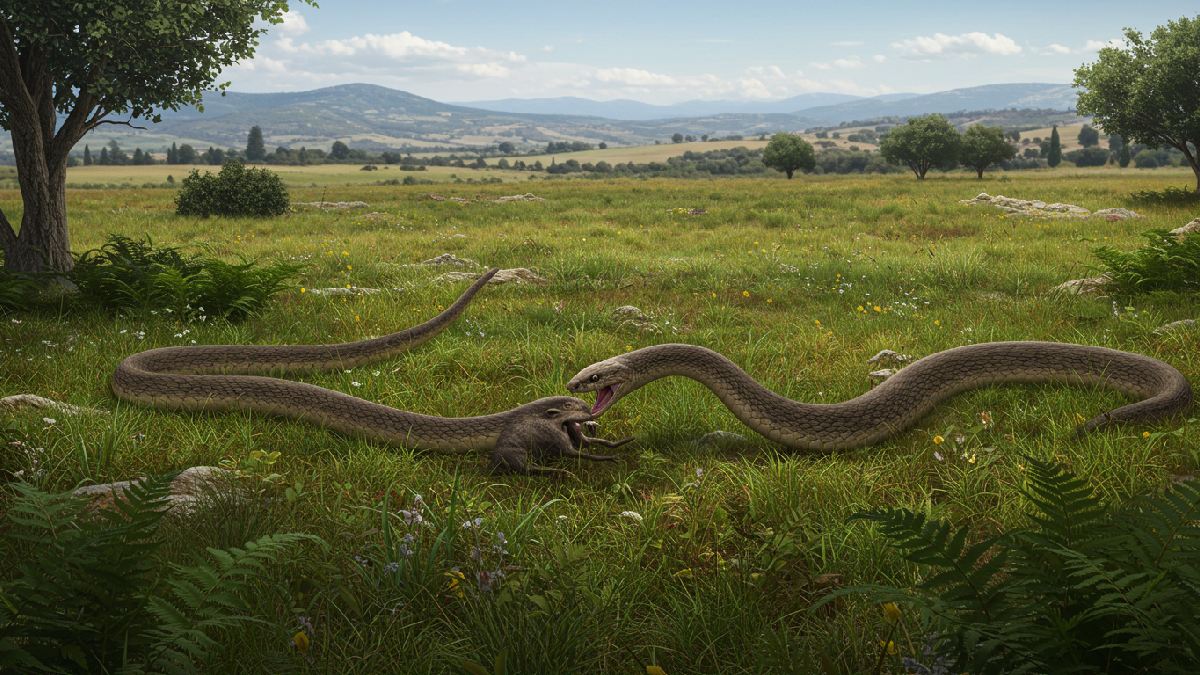 A Laophis crotaloides vivia onde hoje é a Grécia, e foi a maior víbora a rastejar no planeta Terra. Imagem gerada por inteligência artificial.