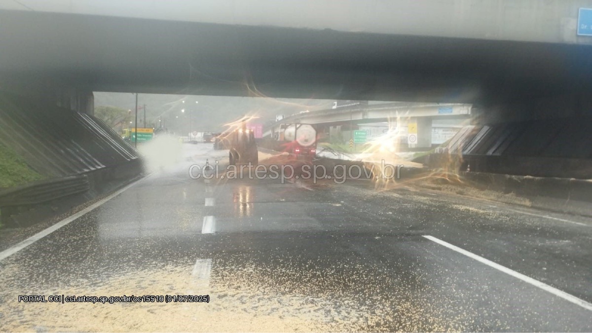 Às 6h, a pista marginal oeste foi totalmente bloqueada para limpeza. A liberação da pista ocorreu às 6h22. Divulgação/Artesp