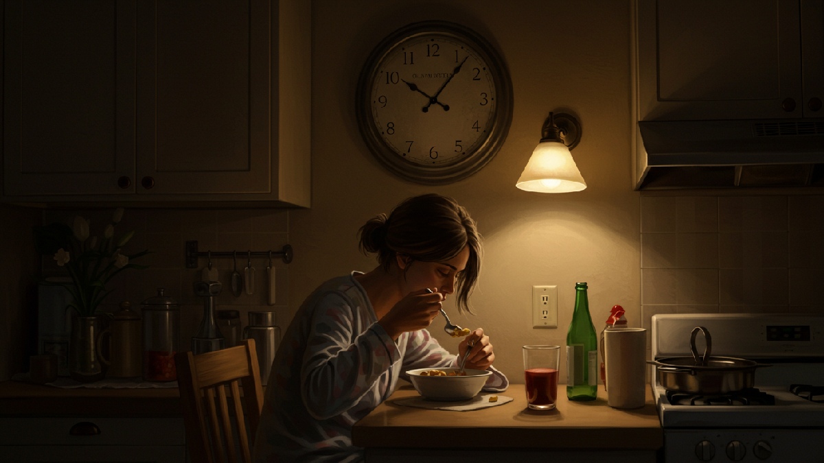 Comer muito tarde não deixa espaço para a digestão antes de dormir. Imagem gerada por inteligência artificial