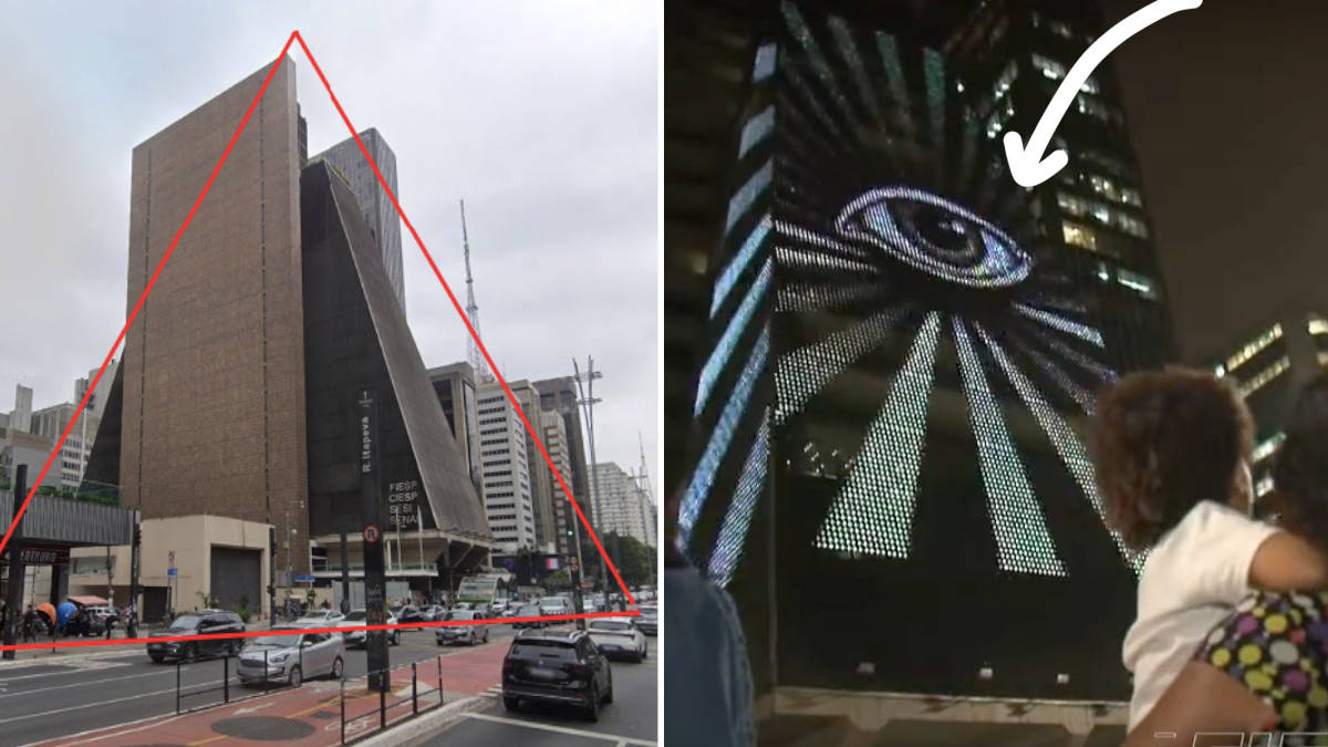 7 - A projeção da imagem de um olho, que, segundo o site, pode ser interpretado como o símbolo iluminati "o olho que tudo vê". A projeção faz parte das várias imagens que são exibidas no prédio com frequência. (Fotos: Reprodução/Google Street View)