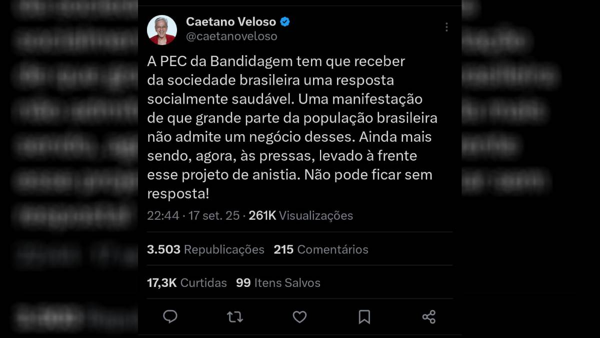 Caetano Veloso demonstrou sua indignação e pediu apoio aos protestos |Reprodução/X