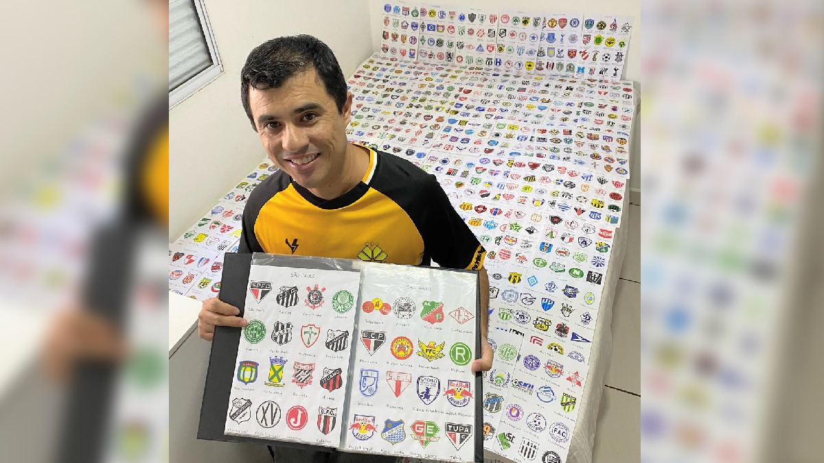 Um morador de Espírito Santo do Pinhal, no interior de São Paulo, acredita ter uma coleção de recorde mundial. Wellinton Candido desenhou 2318 escudos de futebol, sendo 637 times brasileiros.