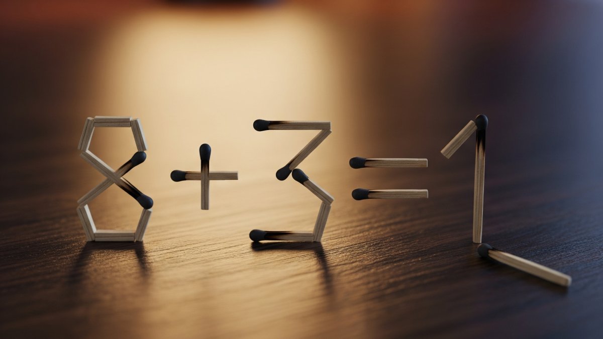 Mova apenas 2 palitos de fósforo para que a equação 8 + 3 = 1 fique correta Explicação: Pegue o palito de fósforo na parte superior do + e mova-o para a parte inferior esquerda do 1, transformando-o em 7. Pegue o palito de fósforo na parte superior direita do + e mova-o para a parte superior esquerda do 1, transformando-o em 4. A equação 8 + 3 = 1 agora se torna 8 - 3 = 5. Foto: Imagem gerada por IA