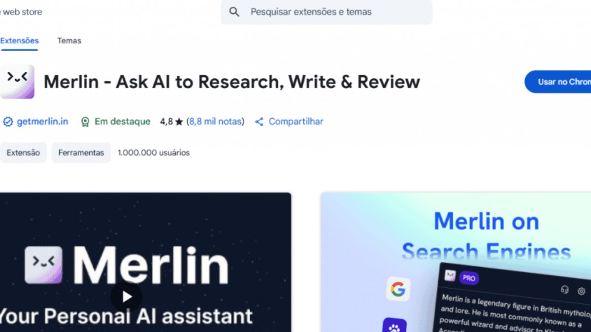 A extensão Merlin permite usar IA (como ChatGPT e Gemini) em qualquer página da web. Basta selecionar um texto e usar um atalho para receber análises, resumos ou criar conteúdo. Com planos gratuitos e pagos, é uma ferramenta útil para profissionais que precisam escrever e-mails, gerar ideias ou otimizar tarefas de forma rápida e sem mudar de aba. Fotos: Reprodução/Google