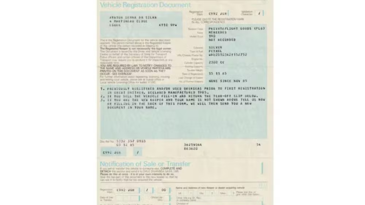Leilão também inclui a documentação que comprova a aquisição Ayrton Senna /Reprodução/RM Sotheby's
