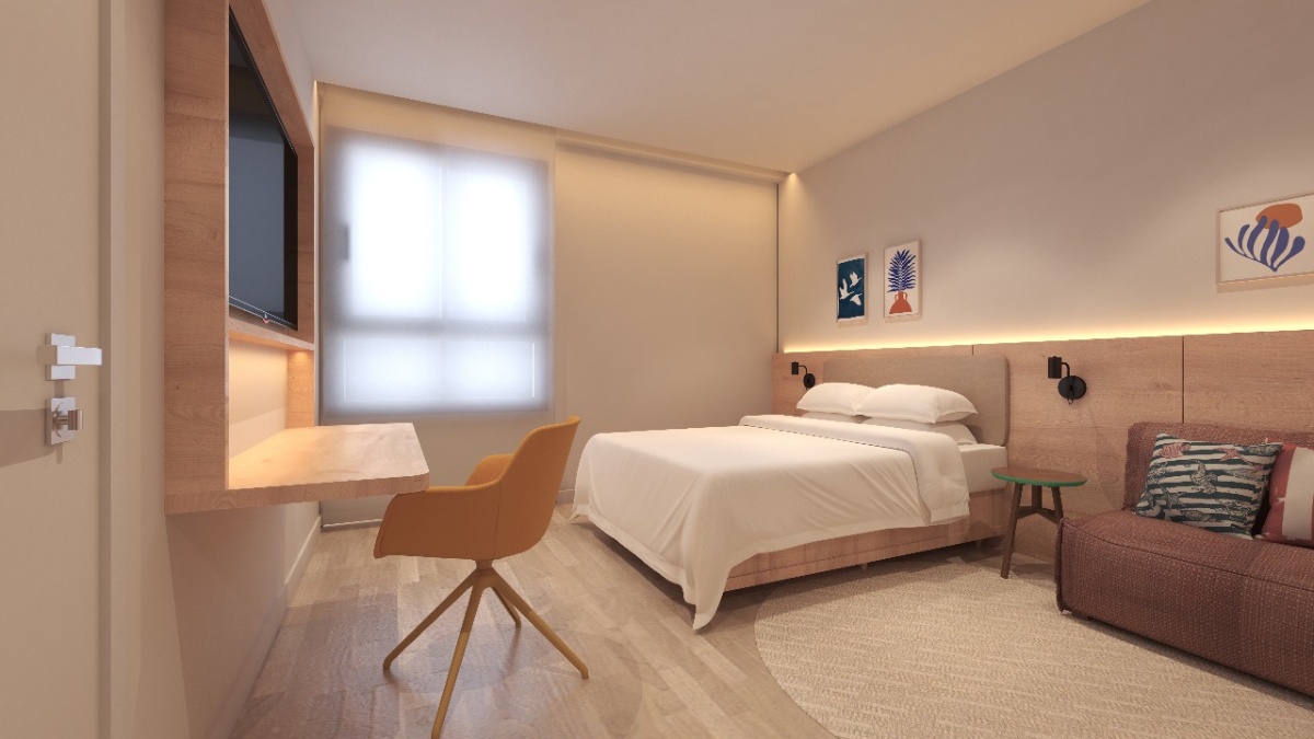 Hotel terá nove pavimentos e 8,2 mil m² de área construída, com sete andares dedicados à hospedagem - Divulgação