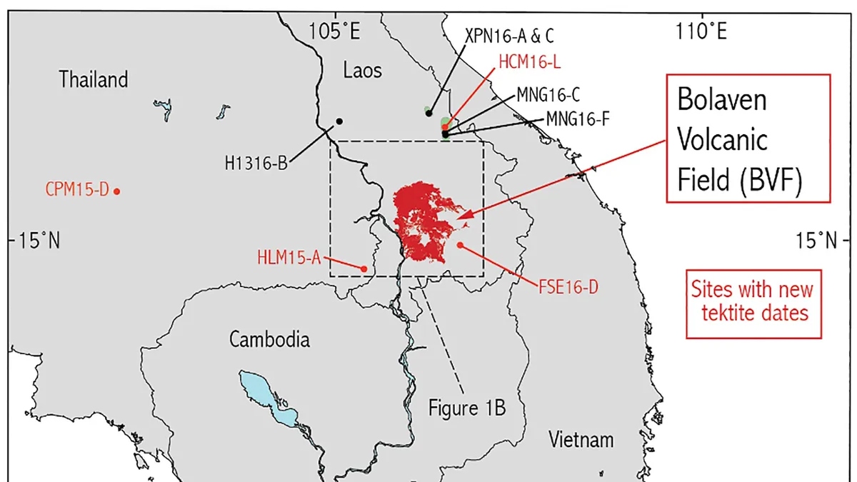 Mapa com o local estimado da queda do asteroide. Imagem: Sieh et al, Proceedings of the National Academy of Sciences 2023