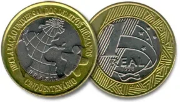 Moeda de 1 real dos 50 anos da Declaração Universal dos Direitos Humanos (1998) (Foto: Banco Central do Brasil/Divulgação)