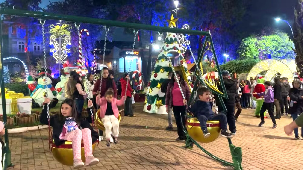 Entrada da cidade se transforma no Pórtico da Fantasia, com túnel de luzes e árvores decoradas. Fotos: Reprodução/TV Vanguarda