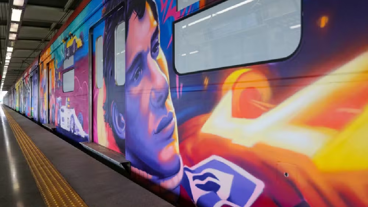 Composição, que opera na Linha 13-Jade e no serviço Expresso Aeroporto, recebeu grafites que retratam diferentes momentos da trajetória do piloto brasileiro.