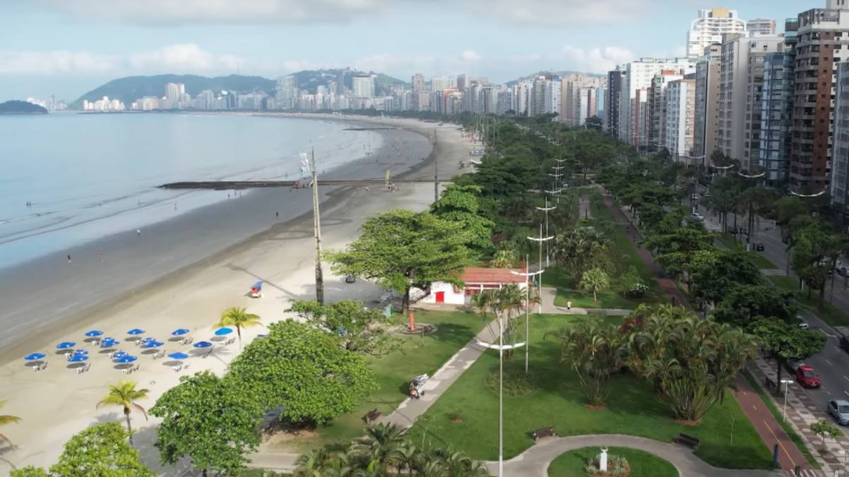Ao longo da orla de Santos, o jardim abriga mais de 200 espécies de plantas, entre elas lírios amarelo-laranja, dracenas vermelhas, e chapéus-de-sol - (Reprodução/YouTube @Fala Vininhu)