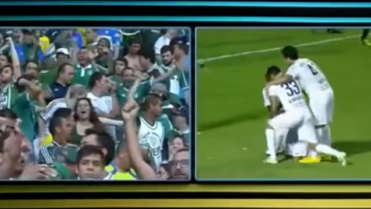 No Brasileirão de 2014, o Santos tinha em seu jogo a chance de causar o terceiro rebaixamento da história do Palmeiras, para isso, bastava perder para o Vitória, fora de casa. O Peixe, porém, não só não perdeu, como saiu vitorioso na partida, com gol de Thiago Ribeiro, salvando o rival - (Reprodução/TV Globo)
