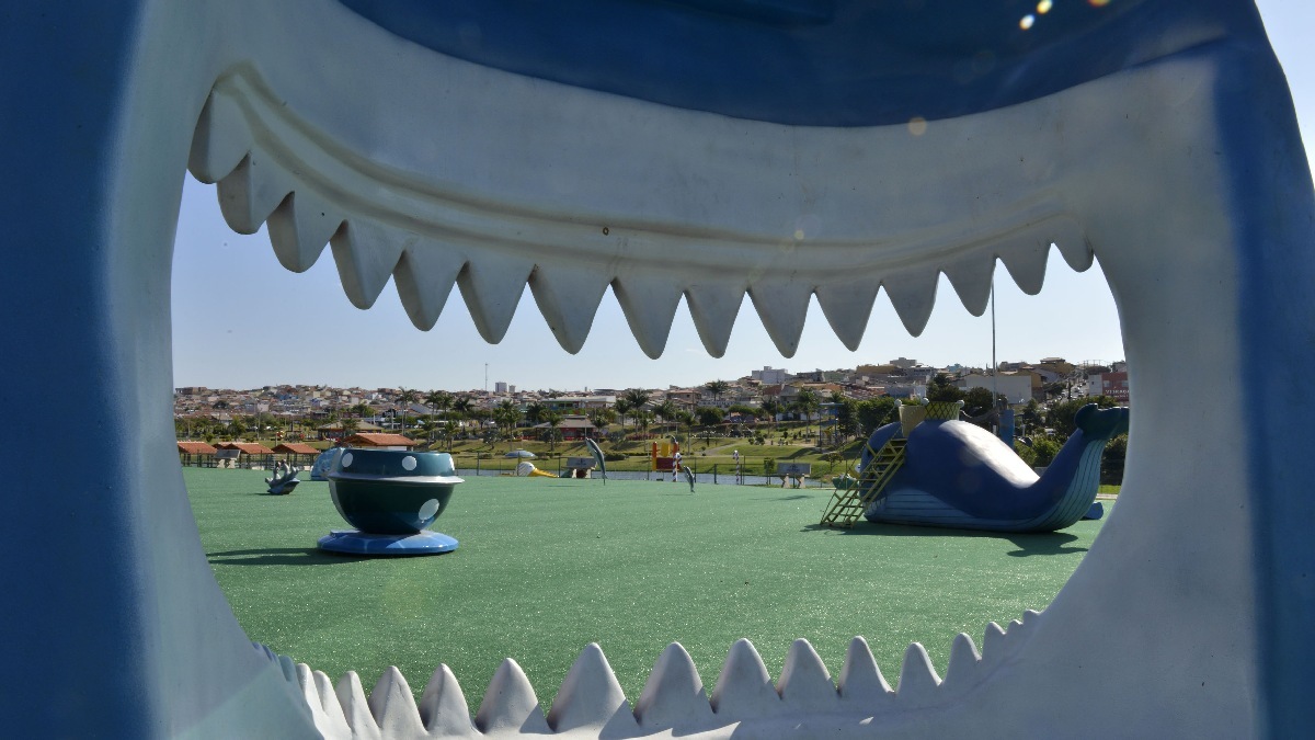 No parque aquático, dentro do Parque da Criança, há escorregadores em formato de animais entre as atrações. Foto: Divulgação Reprodução