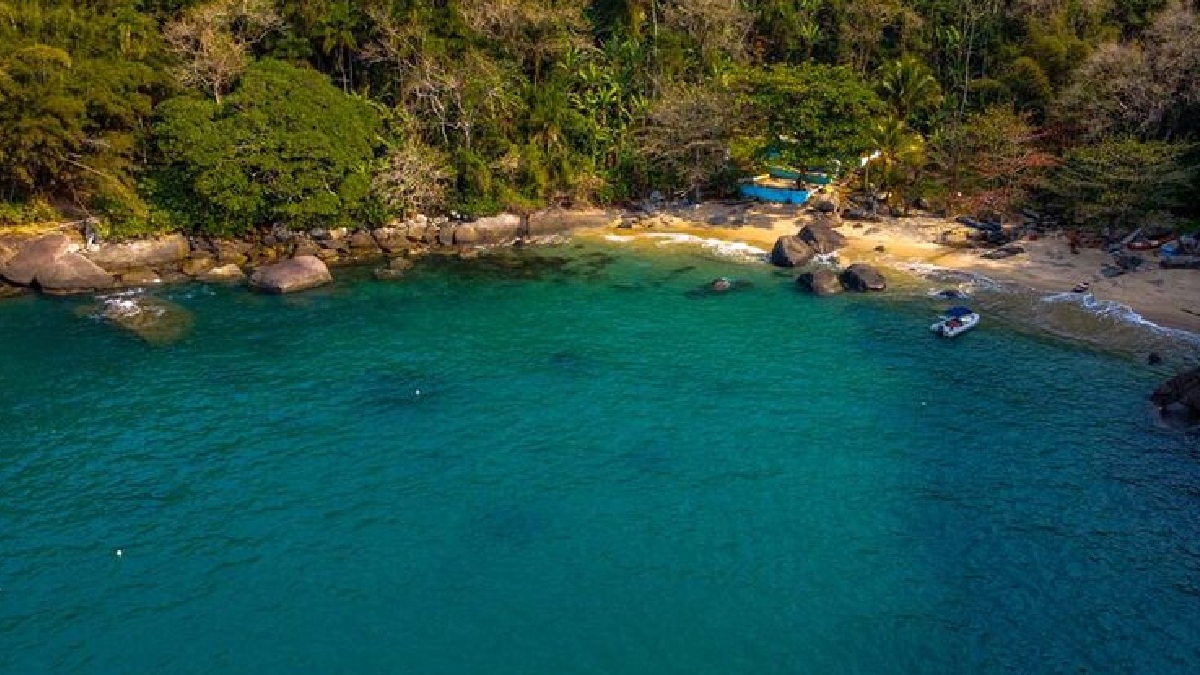 Outro local de mar calmo (este também raso), a Praia de Guanxumas, na parte leste, é perfeita para relaxar, possuindo uma faixa de areia cercada de vegetação - (Paulo Stefani/Sectur Ilhabela)